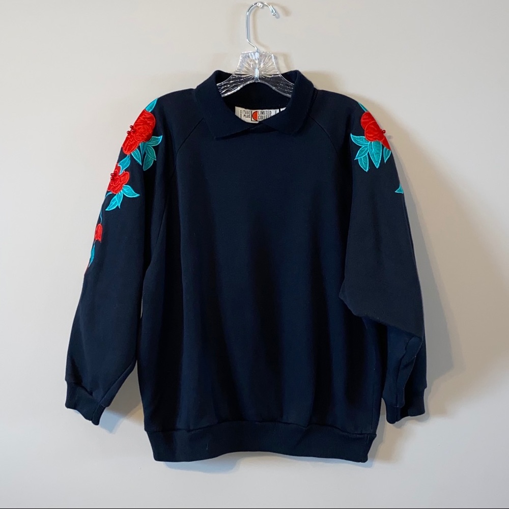 Black Rose Embroidered Grandma Crewneck Sweater